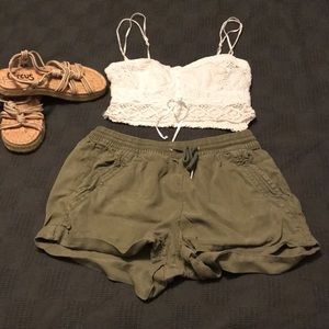 American Eagle Outfitters Shorts - White crop top with arm green soft shorts. American Eagle Outfitters Shorts - White crop top with arm green soft shorts.